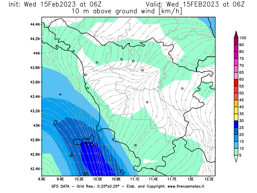 Mappa di analisi GFS - Velocità del vento a 10 metri dal suolo [km/h] in Toscana
							del 15/02/2023 06 <!--googleoff: index-->UTC<!--googleon: index-->