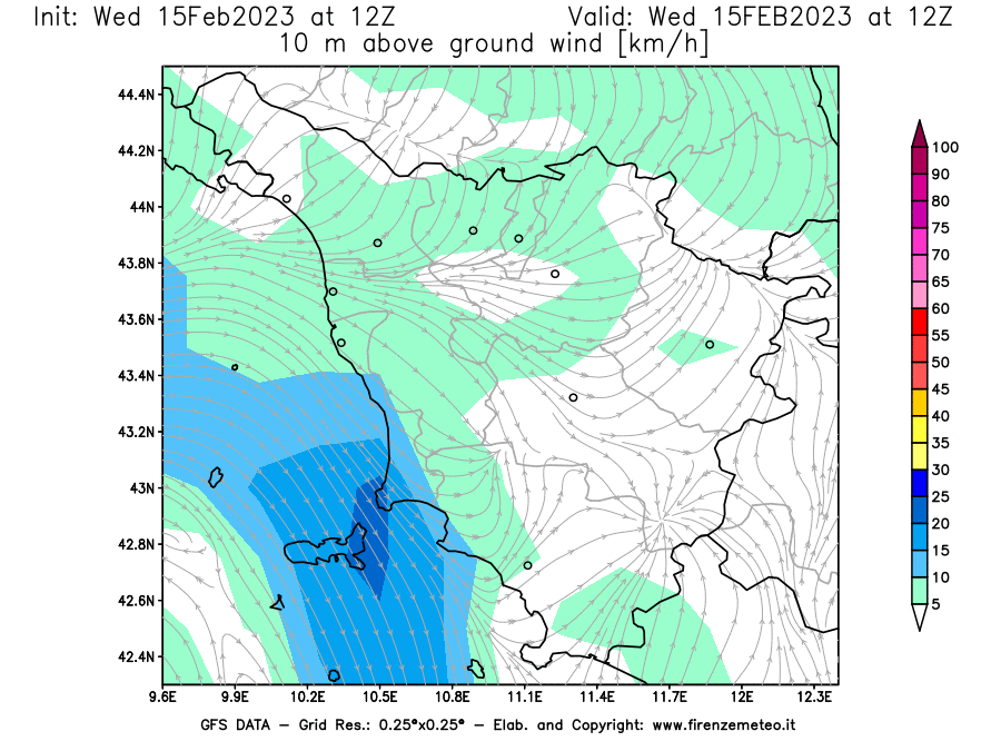 Mappa di analisi GFS - Velocità del vento a 10 metri dal suolo [km/h] in Toscana
							del 15/02/2023 12 <!--googleoff: index-->UTC<!--googleon: index-->