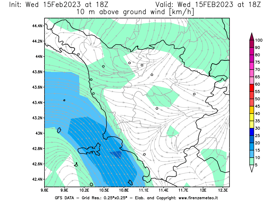 Mappa di analisi GFS - Velocità del vento a 10 metri dal suolo [km/h] in Toscana
							del 15/02/2023 18 <!--googleoff: index-->UTC<!--googleon: index-->