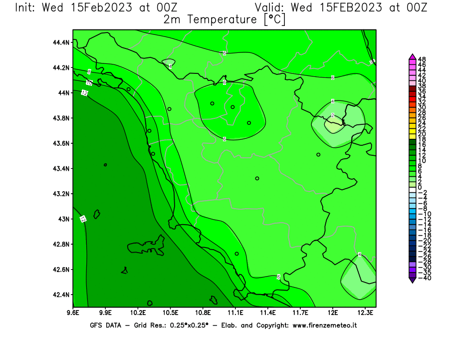 Mappa di analisi GFS - Temperatura a 2 metri dal suolo [°C] in Toscana
							del 15/02/2023 00 <!--googleoff: index-->UTC<!--googleon: index-->