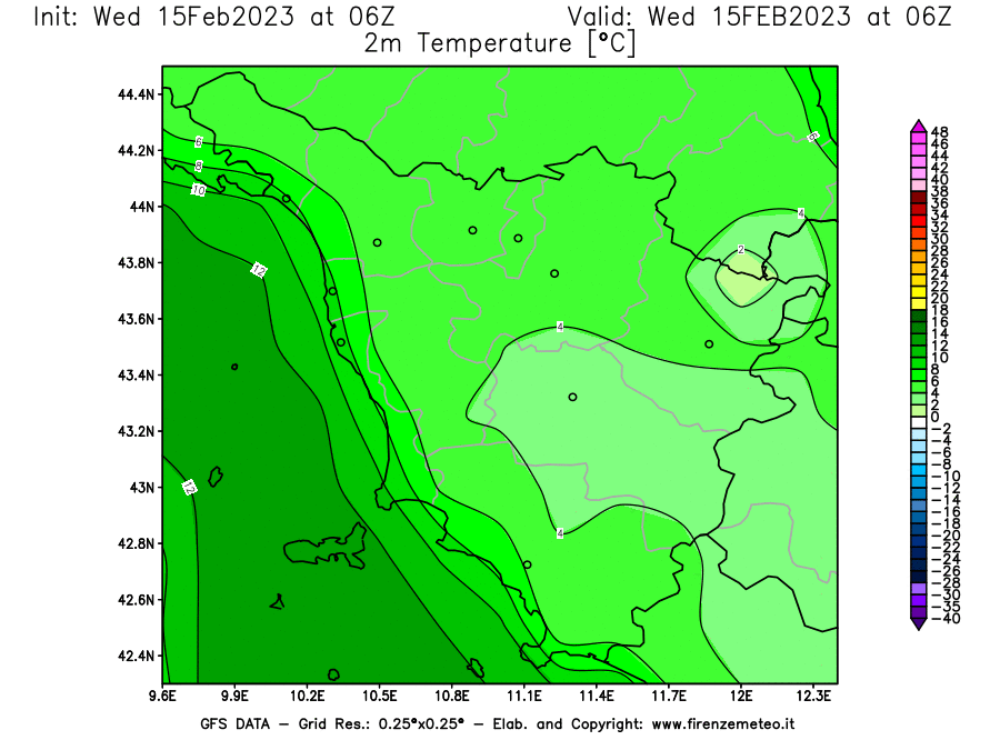Mappa di analisi GFS - Temperatura a 2 metri dal suolo [°C] in Toscana
							del 15/02/2023 06 <!--googleoff: index-->UTC<!--googleon: index-->