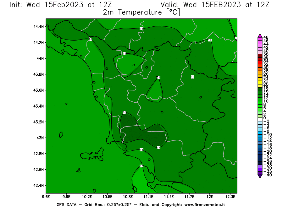 Mappa di analisi GFS - Temperatura a 2 metri dal suolo [°C] in Toscana
							del 15/02/2023 12 <!--googleoff: index-->UTC<!--googleon: index-->