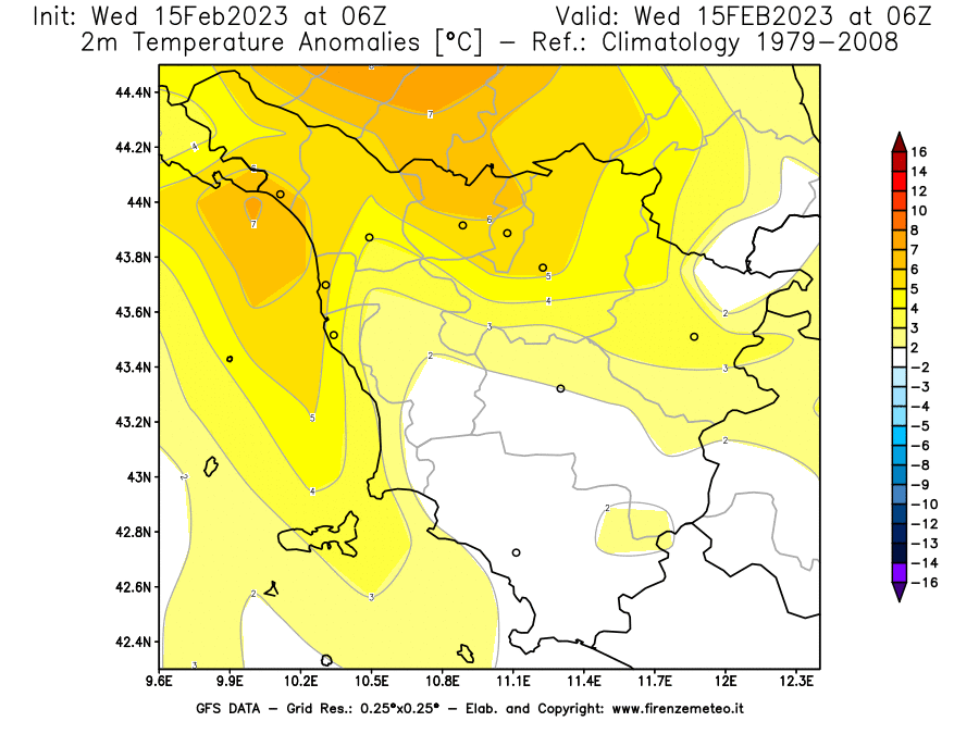 Mappa di analisi GFS - Anomalia Temperatura [°C] a 2 m in Toscana
							del 15/02/2023 06 <!--googleoff: index-->UTC<!--googleon: index-->