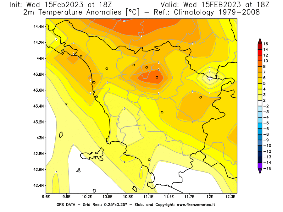 Mappa di analisi GFS - Anomalia Temperatura [°C] a 2 m in Toscana
							del 15/02/2023 18 <!--googleoff: index-->UTC<!--googleon: index-->