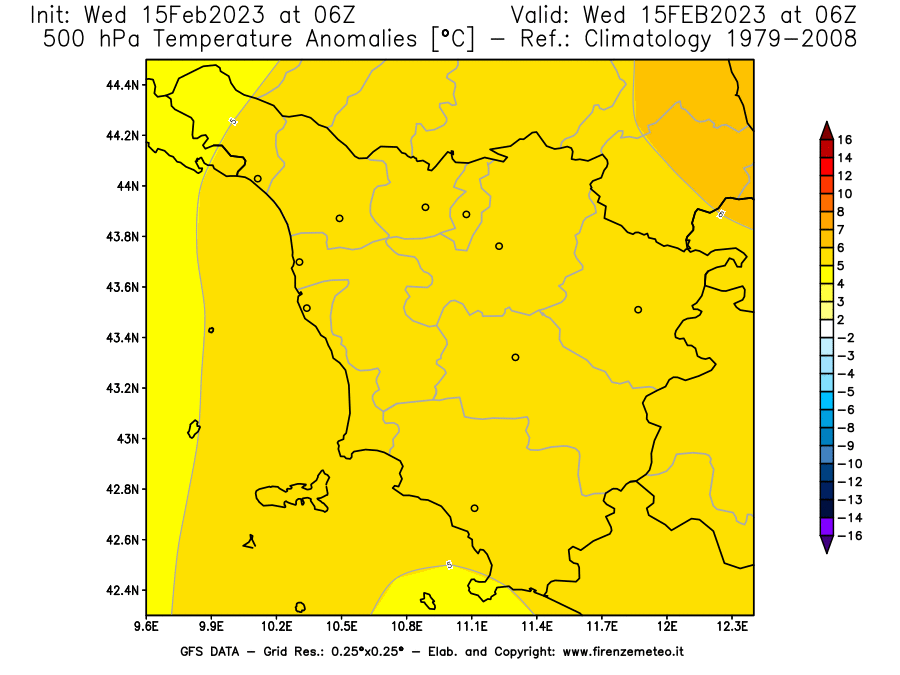 Mappa di analisi GFS - Anomalia Temperatura [°C] a 500 hPa in Toscana
							del 15/02/2023 06 <!--googleoff: index-->UTC<!--googleon: index-->