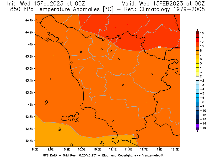 Mappa di analisi GFS - Anomalia Temperatura [°C] a 850 hPa in Toscana
							del 15/02/2023 00 <!--googleoff: index-->UTC<!--googleon: index-->