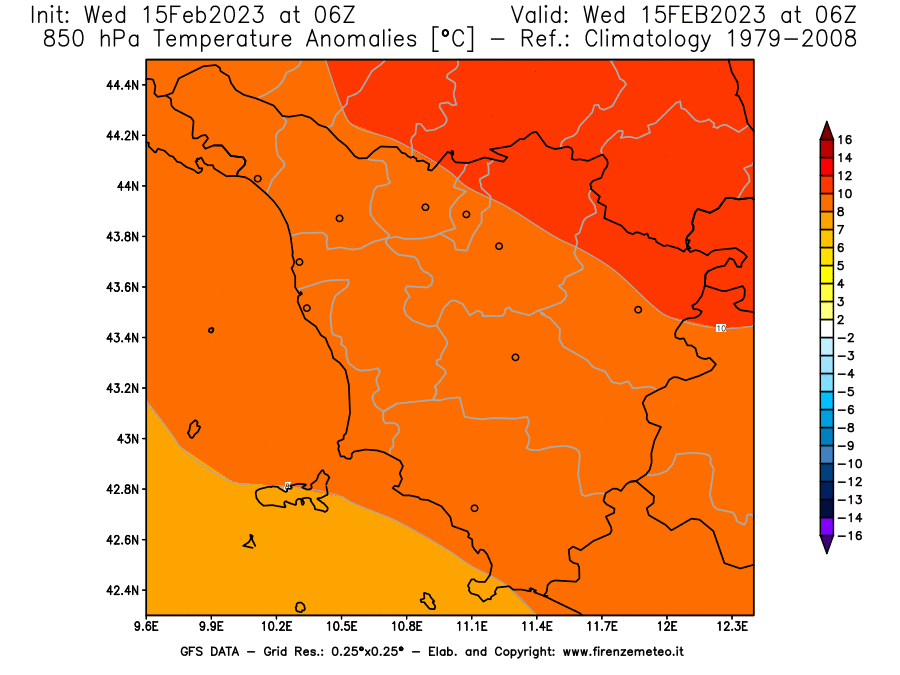 Mappa di analisi GFS - Anomalia Temperatura [°C] a 850 hPa in Toscana
							del 15/02/2023 06 <!--googleoff: index-->UTC<!--googleon: index-->