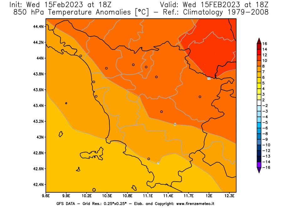 Mappa di analisi GFS - Anomalia Temperatura [°C] a 850 hPa in Toscana
							del 15/02/2023 18 <!--googleoff: index-->UTC<!--googleon: index-->