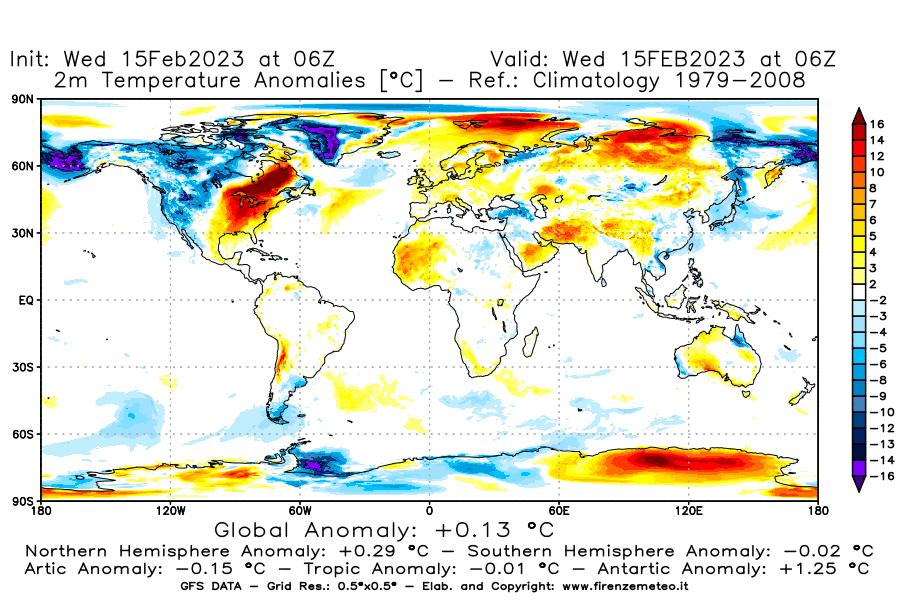 Mappa di analisi GFS - Anomalia Temperatura [°C] a 2 m in World
							del 15/02/2023 06 <!--googleoff: index-->UTC<!--googleon: index-->