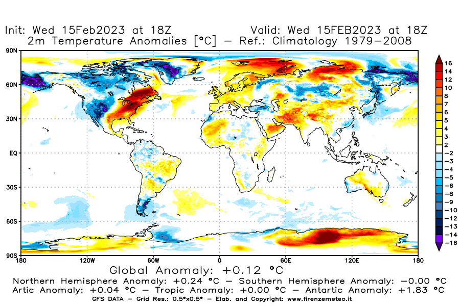 Mappa di analisi GFS - Anomalia Temperatura [°C] a 2 m in World
							del 15/02/2023 18 <!--googleoff: index-->UTC<!--googleon: index-->