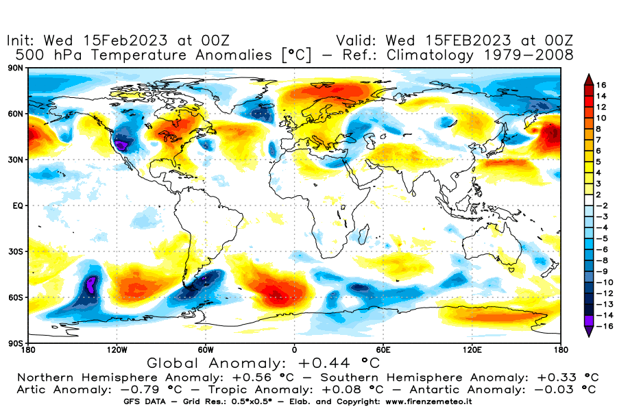 Mappa di analisi GFS - Anomalia Temperatura [°C] a 500 hPa in World
							del 15/02/2023 00 <!--googleoff: index-->UTC<!--googleon: index-->