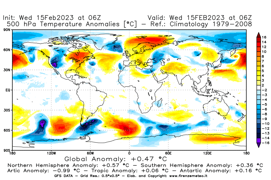 Mappa di analisi GFS - Anomalia Temperatura [°C] a 500 hPa in World
							del 15/02/2023 06 <!--googleoff: index-->UTC<!--googleon: index-->