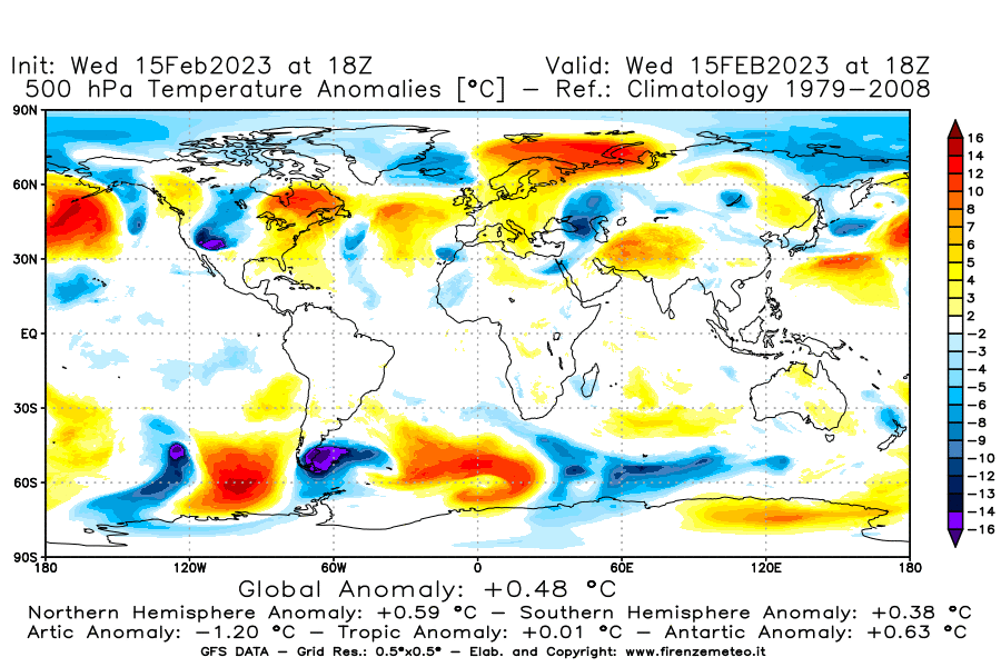 Mappa di analisi GFS - Anomalia Temperatura [°C] a 500 hPa in World
							del 15/02/2023 18 <!--googleoff: index-->UTC<!--googleon: index-->