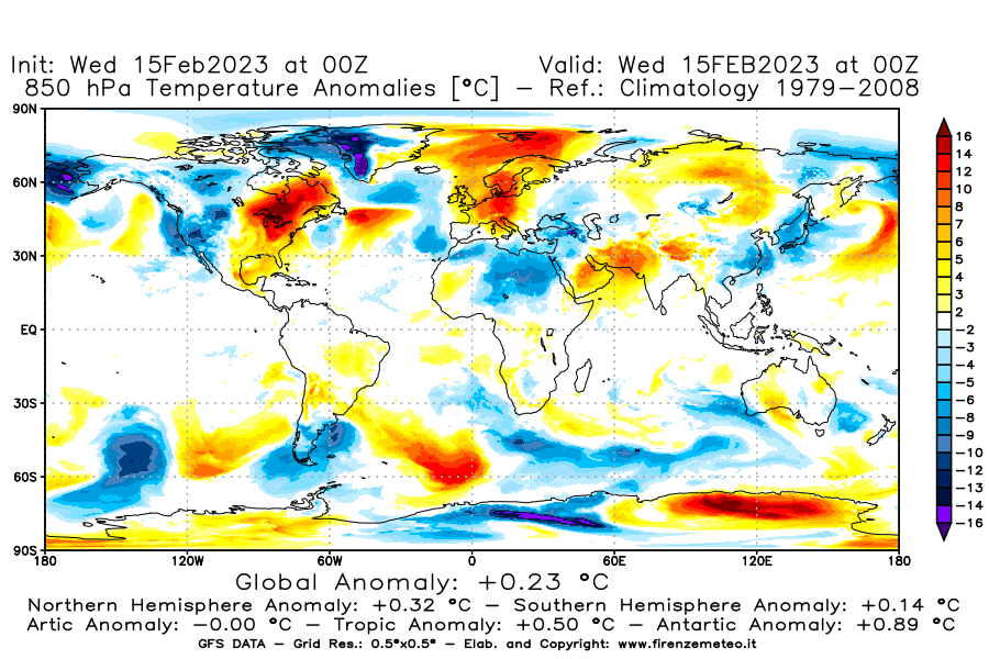 Mappa di analisi GFS - Anomalia Temperatura [°C] a 850 hPa in World
							del 15/02/2023 00 <!--googleoff: index-->UTC<!--googleon: index-->