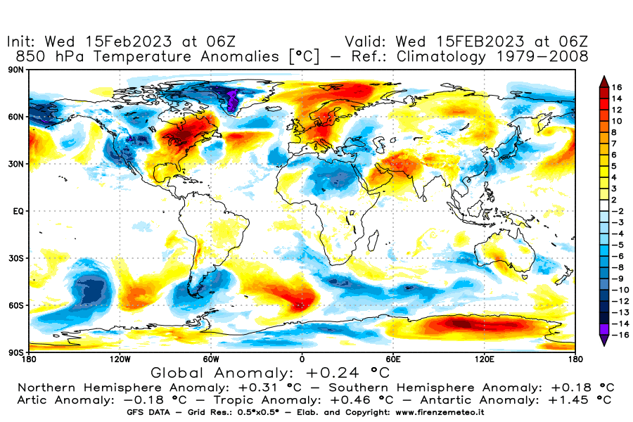 Mappa di analisi GFS - Anomalia Temperatura [°C] a 850 hPa in World
							del 15/02/2023 06 <!--googleoff: index-->UTC<!--googleon: index-->