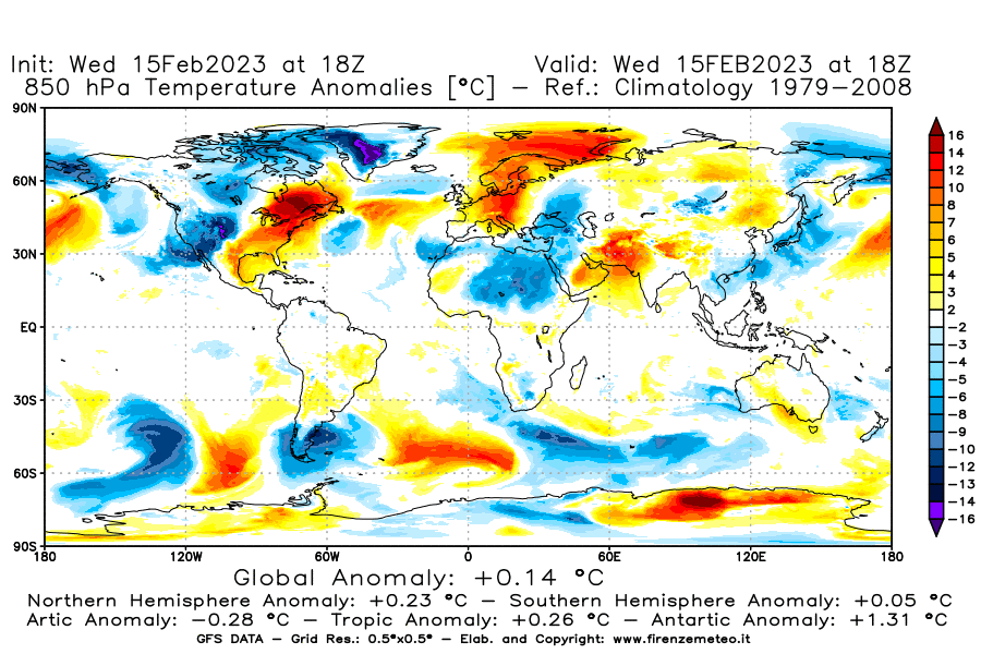 Mappa di analisi GFS - Anomalia Temperatura [°C] a 850 hPa in World
							del 15/02/2023 18 <!--googleoff: index-->UTC<!--googleon: index-->