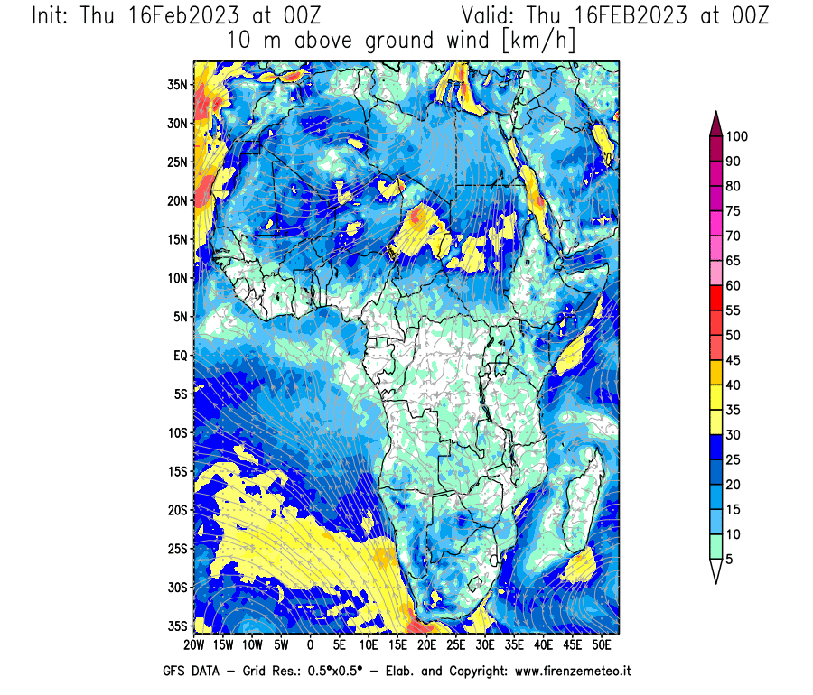 Mappa di analisi GFS - Velocità del vento a 10 metri dal suolo [km/h] in Africa
							del 16/02/2023 00 <!--googleoff: index-->UTC<!--googleon: index-->