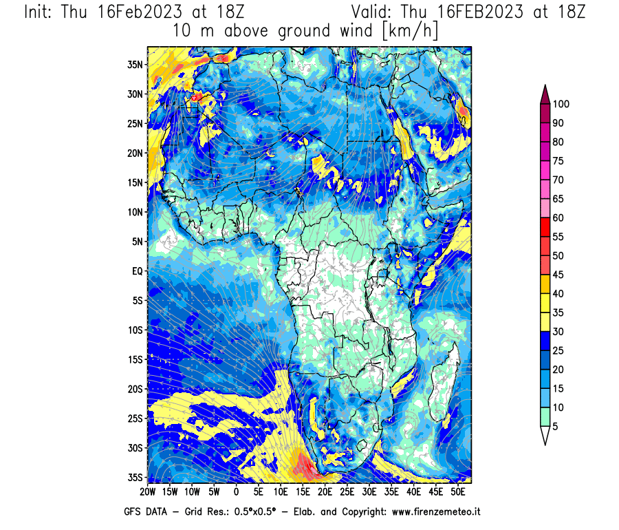 Mappa di analisi GFS - Velocità del vento a 10 metri dal suolo [km/h] in Africa
							del 16/02/2023 18 <!--googleoff: index-->UTC<!--googleon: index-->