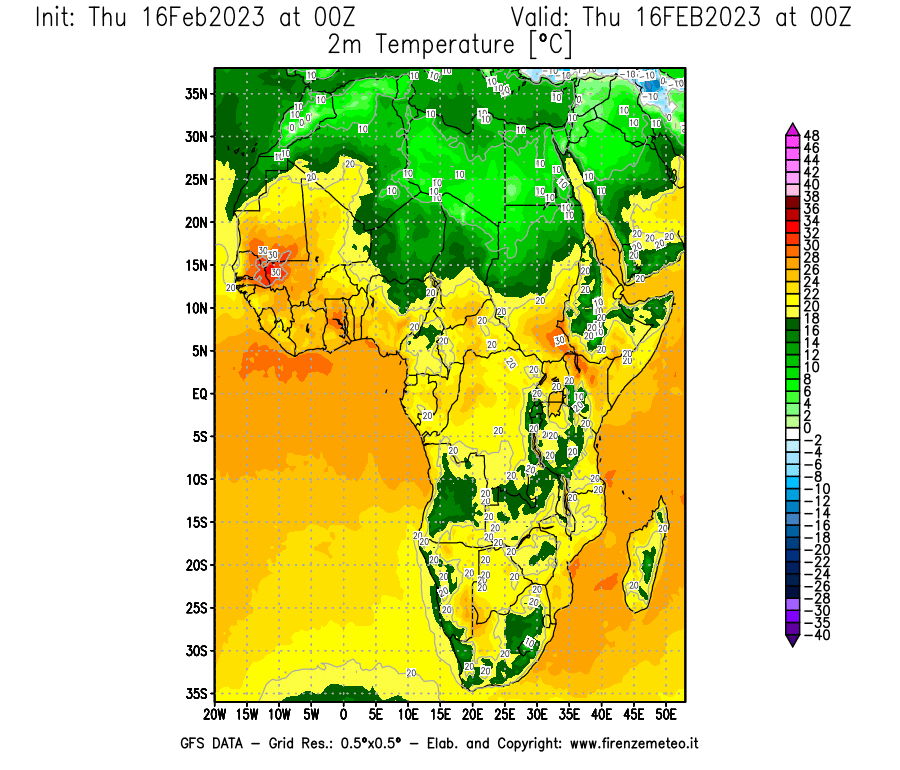 Mappa di analisi GFS - Temperatura a 2 metri dal suolo [°C] in Africa
							del 16/02/2023 00 <!--googleoff: index-->UTC<!--googleon: index-->
