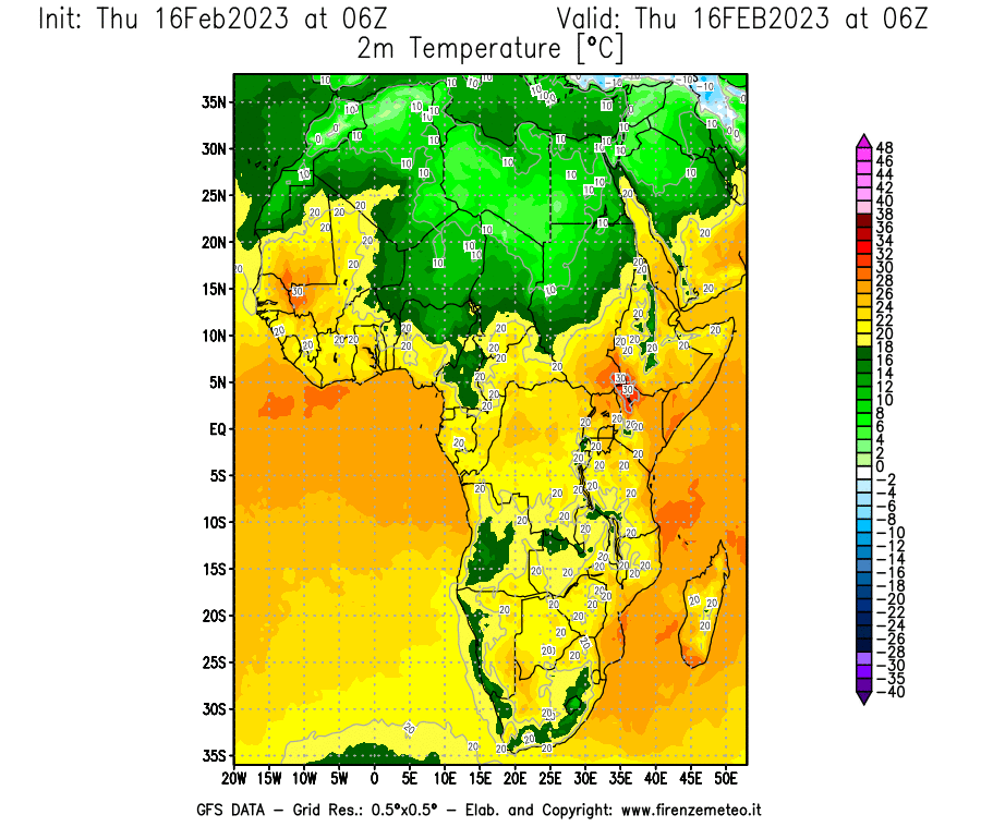 Mappa di analisi GFS - Temperatura a 2 metri dal suolo [°C] in Africa
							del 16/02/2023 06 <!--googleoff: index-->UTC<!--googleon: index-->