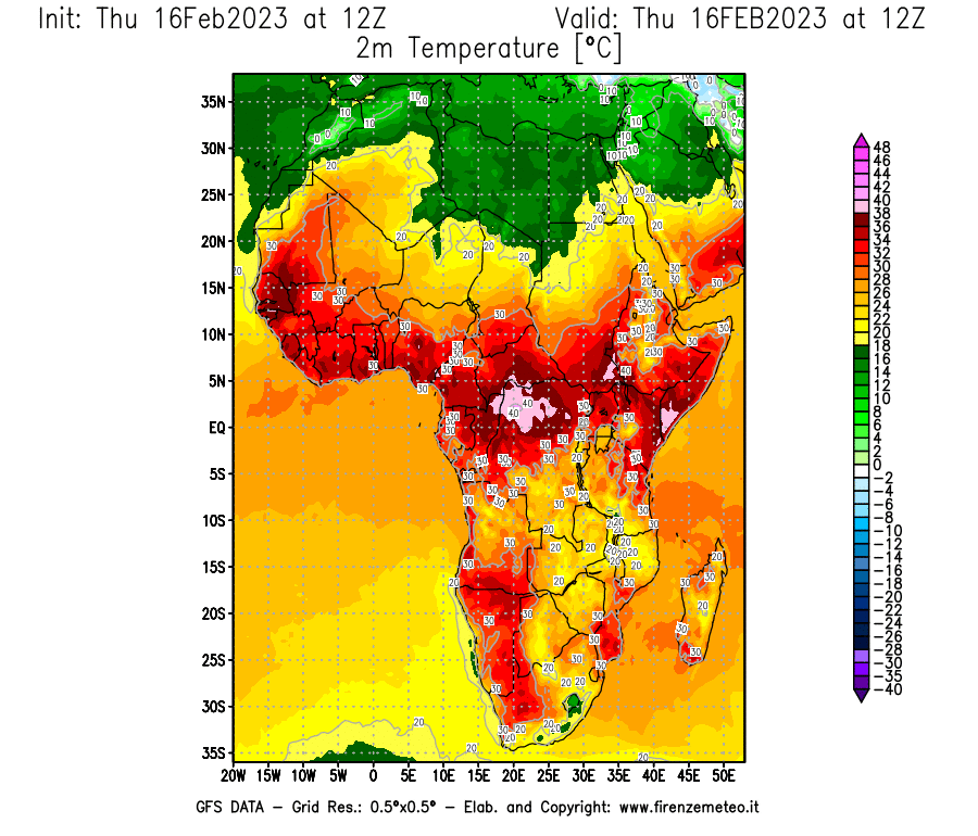 Mappa di analisi GFS - Temperatura a 2 metri dal suolo [°C] in Africa
							del 16/02/2023 12 <!--googleoff: index-->UTC<!--googleon: index-->