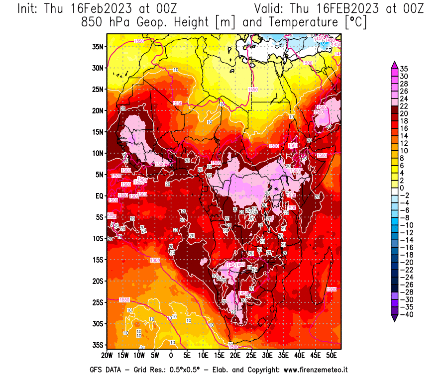 Mappa di analisi GFS - Geopotenziale [m] e Temperatura [°C] a 850 hPa in Africa
							del 16/02/2023 00 <!--googleoff: index-->UTC<!--googleon: index-->