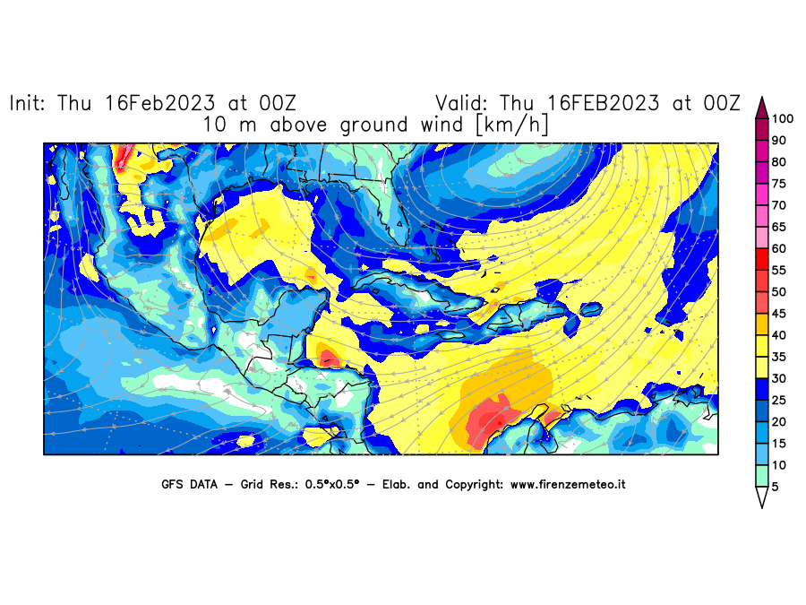 Mappa di analisi GFS - Velocità del vento a 10 metri dal suolo [km/h] in Centro-America
							del 16/02/2023 00 <!--googleoff: index-->UTC<!--googleon: index-->