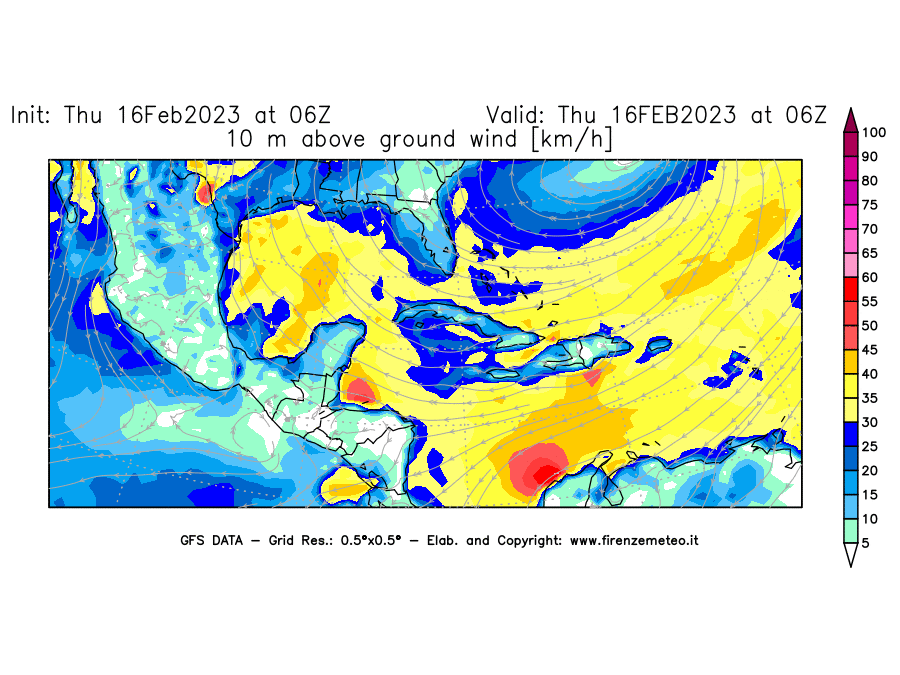 Mappa di analisi GFS - Velocità del vento a 10 metri dal suolo [km/h] in Centro-America
							del 16/02/2023 06 <!--googleoff: index-->UTC<!--googleon: index-->