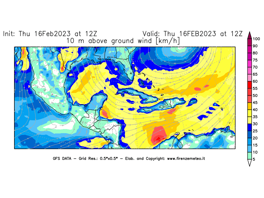 Mappa di analisi GFS - Velocità del vento a 10 metri dal suolo [km/h] in Centro-America
							del 16/02/2023 12 <!--googleoff: index-->UTC<!--googleon: index-->