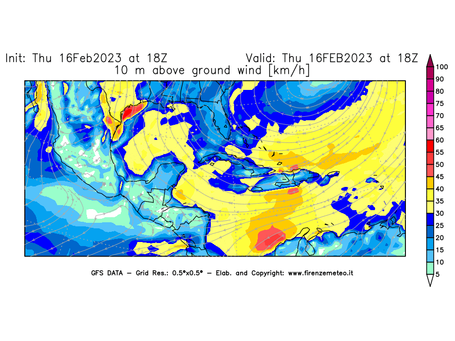 Mappa di analisi GFS - Velocità del vento a 10 metri dal suolo [km/h] in Centro-America
							del 16/02/2023 18 <!--googleoff: index-->UTC<!--googleon: index-->