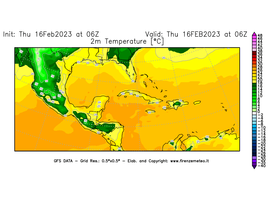 Mappa di analisi GFS - Temperatura a 2 metri dal suolo [°C] in Centro-America
							del 16/02/2023 06 <!--googleoff: index-->UTC<!--googleon: index-->