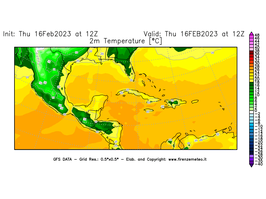 Mappa di analisi GFS - Temperatura a 2 metri dal suolo [°C] in Centro-America
							del 16/02/2023 12 <!--googleoff: index-->UTC<!--googleon: index-->