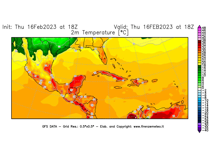 Mappa di analisi GFS - Temperatura a 2 metri dal suolo [°C] in Centro-America
							del 16/02/2023 18 <!--googleoff: index-->UTC<!--googleon: index-->