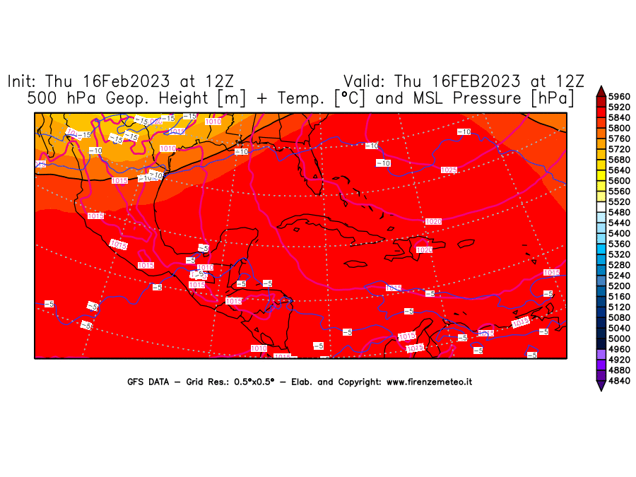 Mappa di analisi GFS - Geopotenziale [m] + Temp. [°C] a 500 hPa + Press. a livello del mare [hPa] in Centro-America
							del 16/02/2023 12 <!--googleoff: index-->UTC<!--googleon: index-->