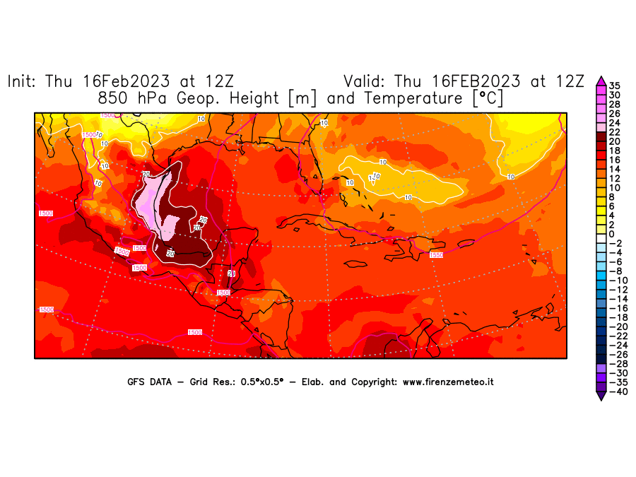 Mappa di analisi GFS - Geopotenziale [m] e Temperatura [°C] a 850 hPa in Centro-America
							del 16/02/2023 12 <!--googleoff: index-->UTC<!--googleon: index-->
