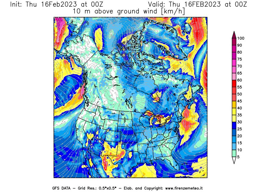 Mappa di analisi GFS - Velocità del vento a 10 metri dal suolo [km/h] in Nord-America
							del 16/02/2023 00 <!--googleoff: index-->UTC<!--googleon: index-->