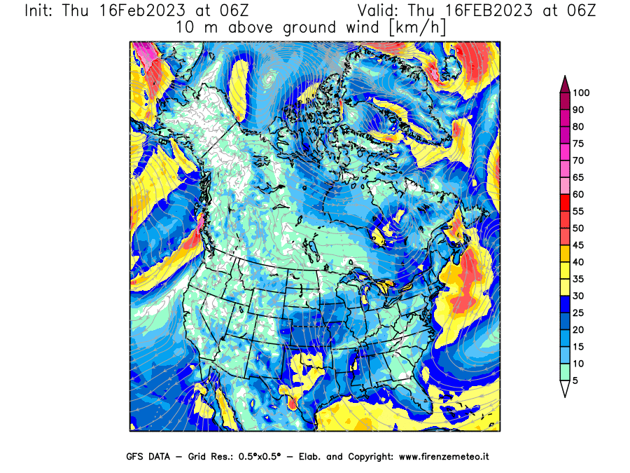 Mappa di analisi GFS - Velocità del vento a 10 metri dal suolo [km/h] in Nord-America
							del 16/02/2023 06 <!--googleoff: index-->UTC<!--googleon: index-->