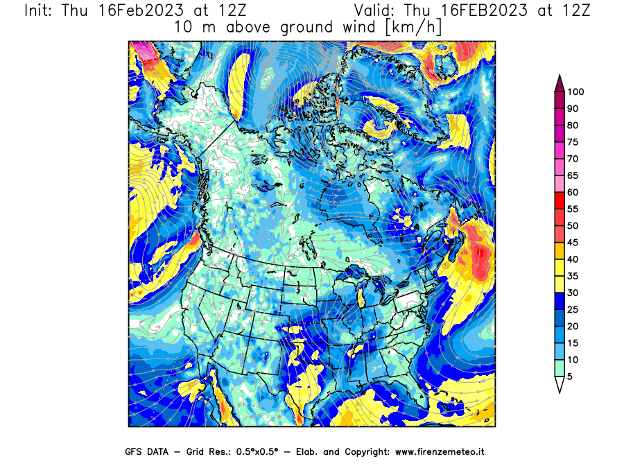 Mappa di analisi GFS - Velocità del vento a 10 metri dal suolo [km/h] in Nord-America
							del 16/02/2023 12 <!--googleoff: index-->UTC<!--googleon: index-->
