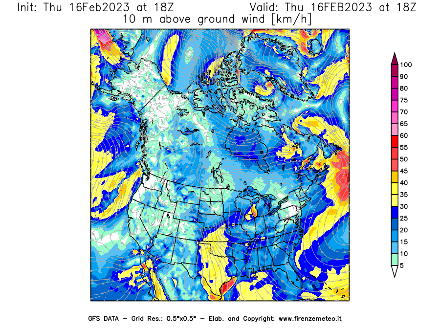 Mappa di analisi GFS - Velocità del vento a 10 metri dal suolo [km/h] in Nord-America
							del 16/02/2023 18 <!--googleoff: index-->UTC<!--googleon: index-->