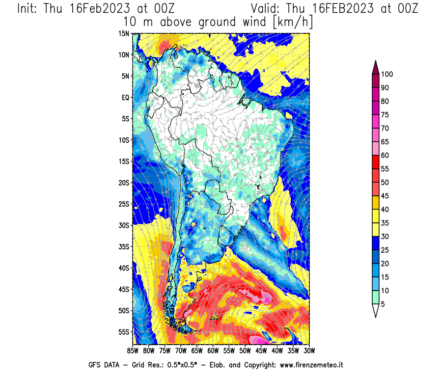 Mappa di analisi GFS - Velocità del vento a 10 metri dal suolo [km/h] in Sud-America
							del 16/02/2023 00 <!--googleoff: index-->UTC<!--googleon: index-->
