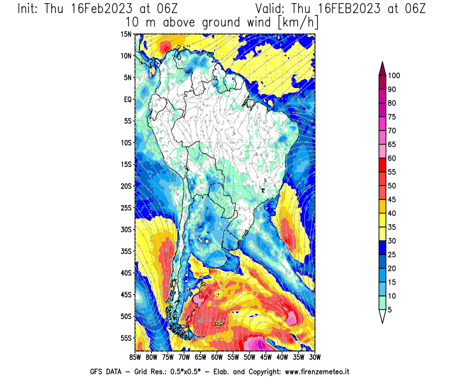 Mappa di analisi GFS - Velocità del vento a 10 metri dal suolo [km/h] in Sud-America
							del 16/02/2023 06 <!--googleoff: index-->UTC<!--googleon: index-->