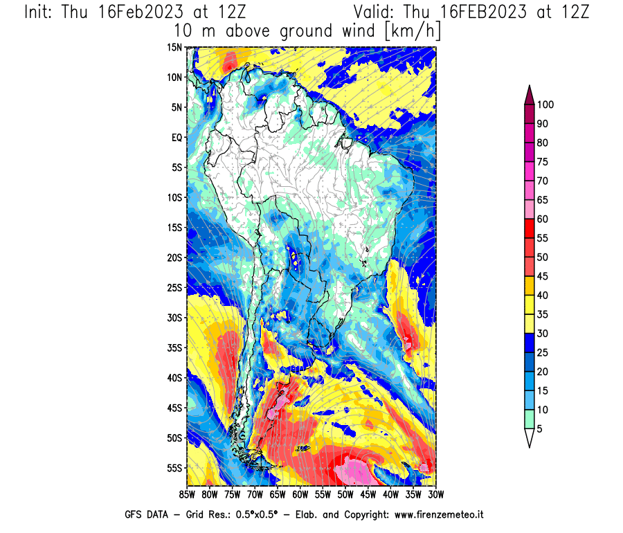 Mappa di analisi GFS - Velocità del vento a 10 metri dal suolo [km/h] in Sud-America
							del 16/02/2023 12 <!--googleoff: index-->UTC<!--googleon: index-->