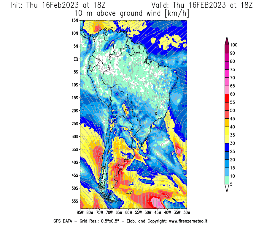 Mappa di analisi GFS - Velocità del vento a 10 metri dal suolo [km/h] in Sud-America
							del 16/02/2023 18 <!--googleoff: index-->UTC<!--googleon: index-->