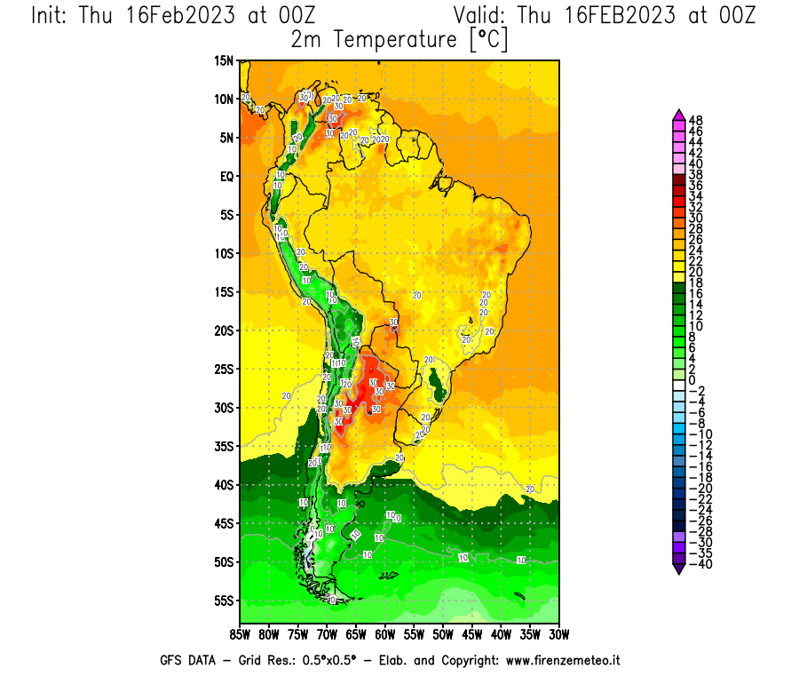 Mappa di analisi GFS - Temperatura a 2 metri dal suolo [°C] in Sud-America
							del 16/02/2023 00 <!--googleoff: index-->UTC<!--googleon: index-->