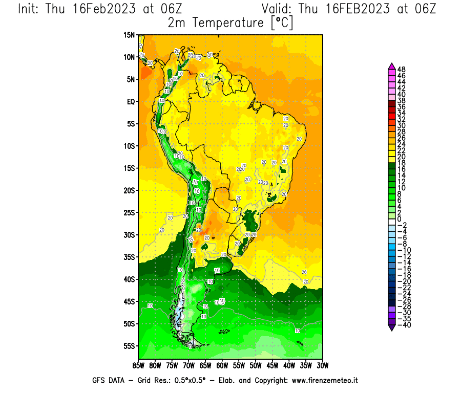 Mappa di analisi GFS - Temperatura a 2 metri dal suolo [°C] in Sud-America
							del 16/02/2023 06 <!--googleoff: index-->UTC<!--googleon: index-->