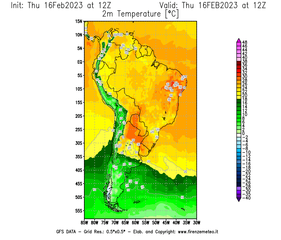 Mappa di analisi GFS - Temperatura a 2 metri dal suolo [°C] in Sud-America
							del 16/02/2023 12 <!--googleoff: index-->UTC<!--googleon: index-->