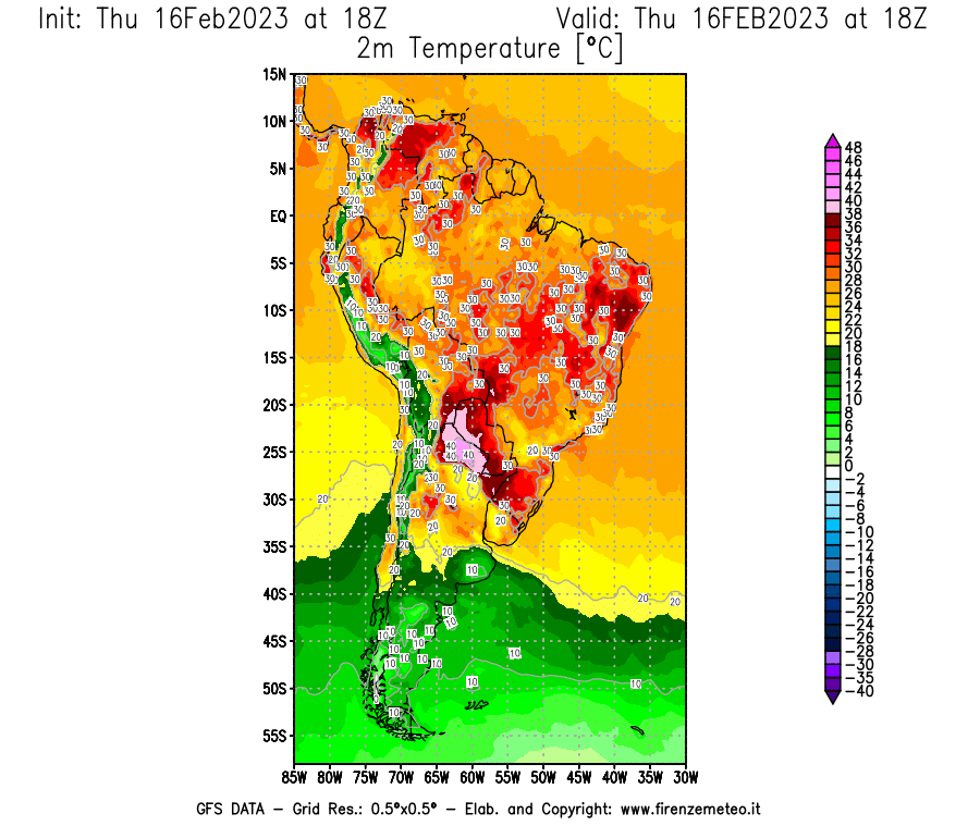 Mappa di analisi GFS - Temperatura a 2 metri dal suolo [°C] in Sud-America
							del 16/02/2023 18 <!--googleoff: index-->UTC<!--googleon: index-->