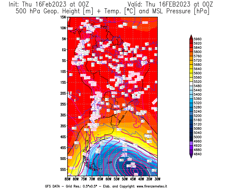 Mappa di analisi GFS - Geopotenziale [m] + Temp. [°C] a 500 hPa + Press. a livello del mare [hPa] in Sud-America
							del 16/02/2023 00 <!--googleoff: index-->UTC<!--googleon: index-->