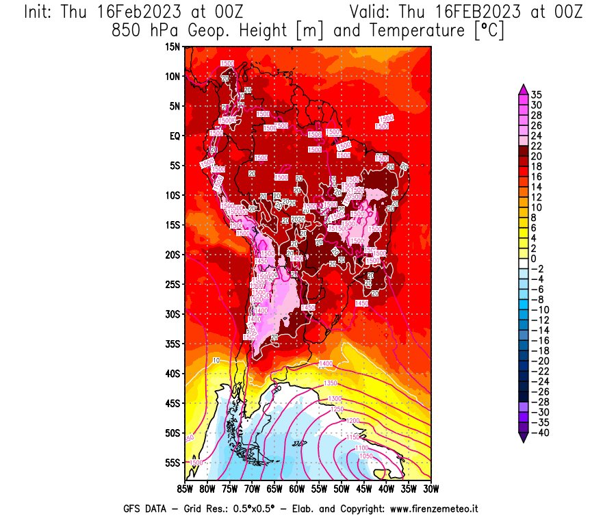 Mappa di analisi GFS - Geopotenziale [m] e Temperatura [°C] a 850 hPa in Sud-America
							del 16/02/2023 00 <!--googleoff: index-->UTC<!--googleon: index-->