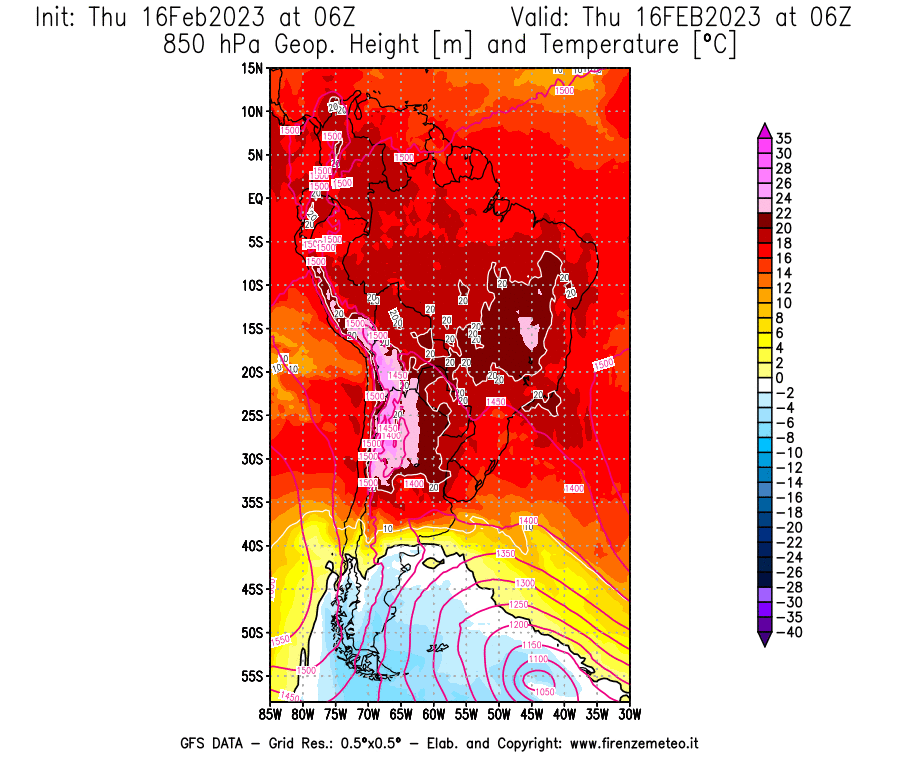 Mappa di analisi GFS - Geopotenziale [m] e Temperatura [°C] a 850 hPa in Sud-America
							del 16/02/2023 06 <!--googleoff: index-->UTC<!--googleon: index-->